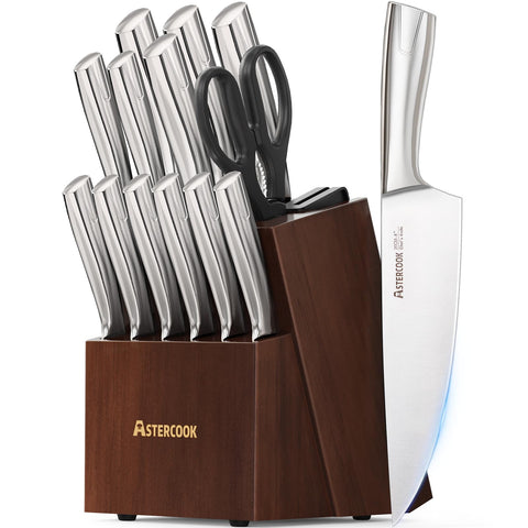 Astercook juego de cuchillos 15 piezas con bloque de madera, almacenamiento seguro y acceso rápido