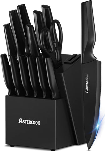 Astercook juego de cuchillos 15 piezas con bloque negro para organización eficiente.