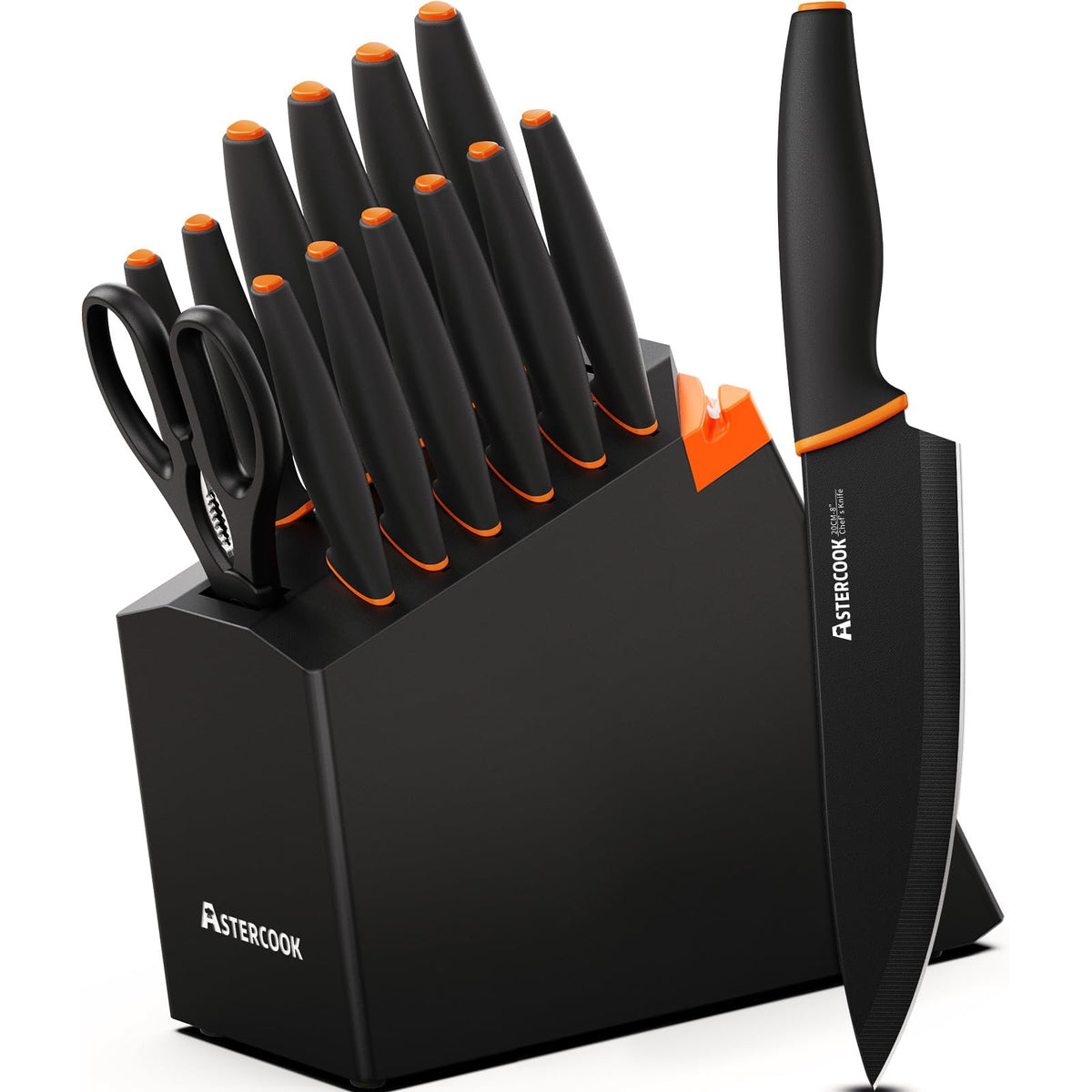 Astercook, juego-cuchillos-15-piezas, en bloque negro, ideal para cortes diarios.
