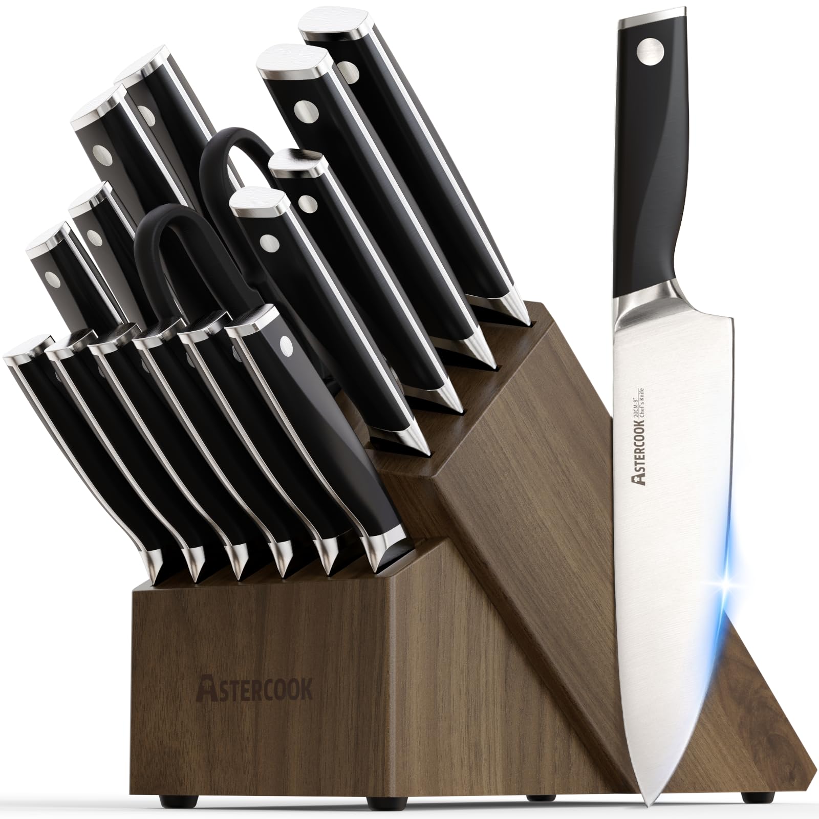 Astercook juego de cuchillos 17 piezas con bloque y afilador para cortes precisos.