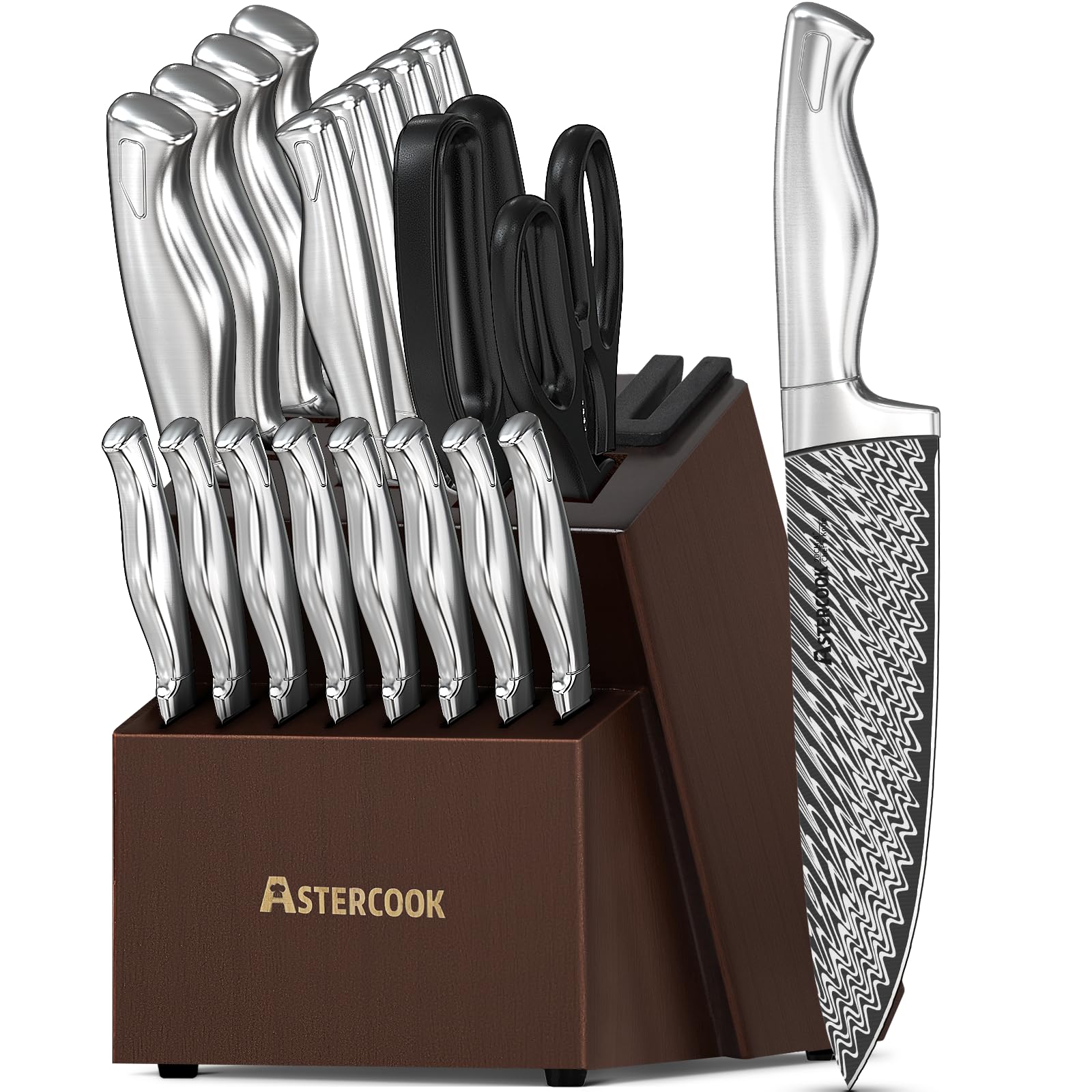 Astercook juego de cuchillos 21 piezas en bloque con afilador para afilar fácilmente