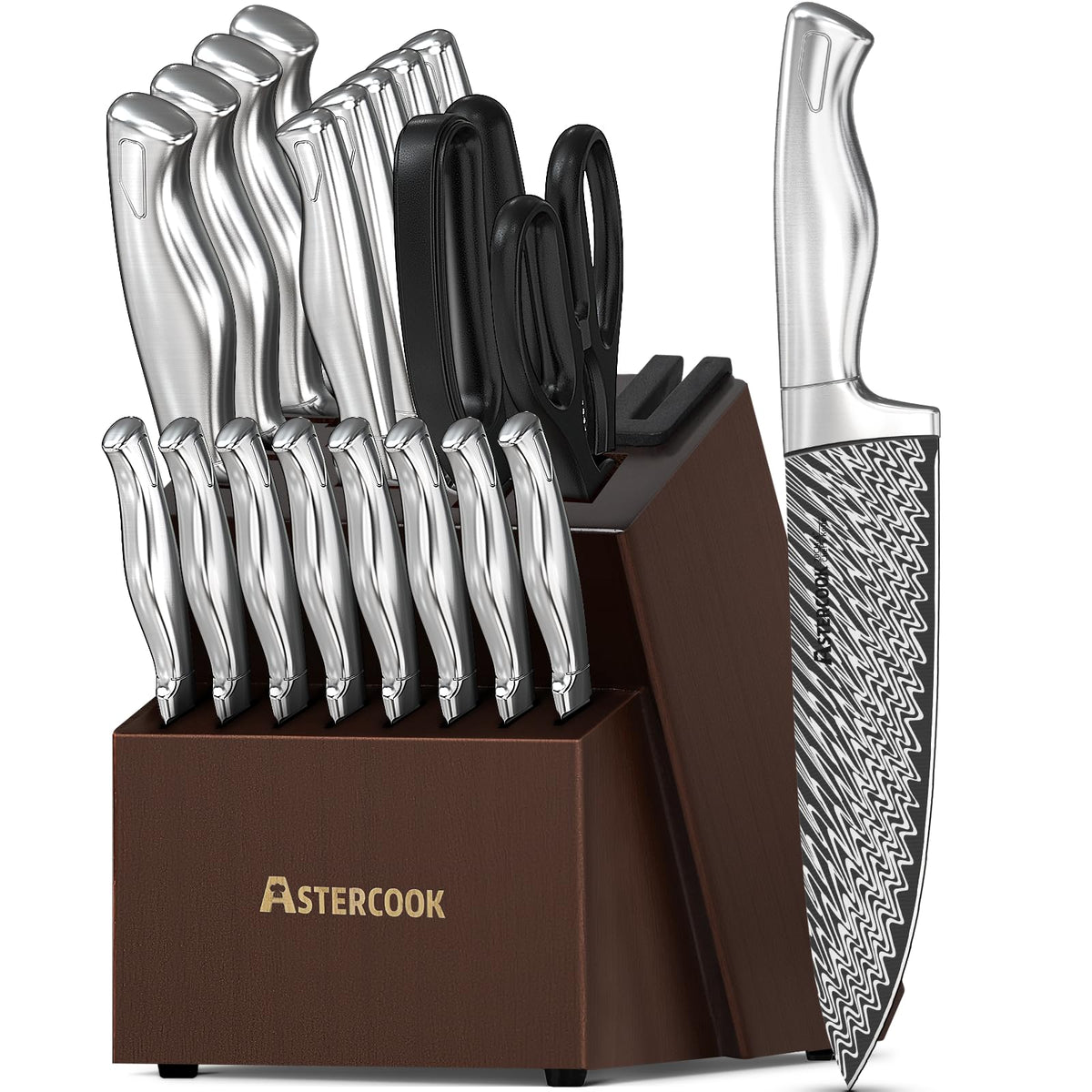 Astercook juego de cuchillos 21 piezas en bloque con afilador para afilar fácilmente