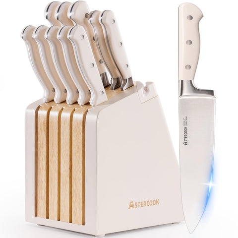 Astercook bloque de cuchillos con afilador integrado, almacenamiento seguro y filo constante.