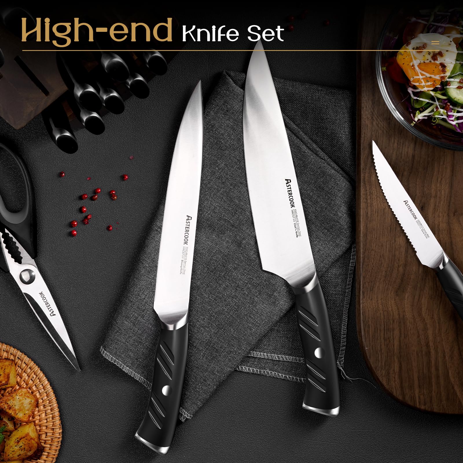 Seis cuchillos bistec serrados Astercook de 4.5 pulgadas.