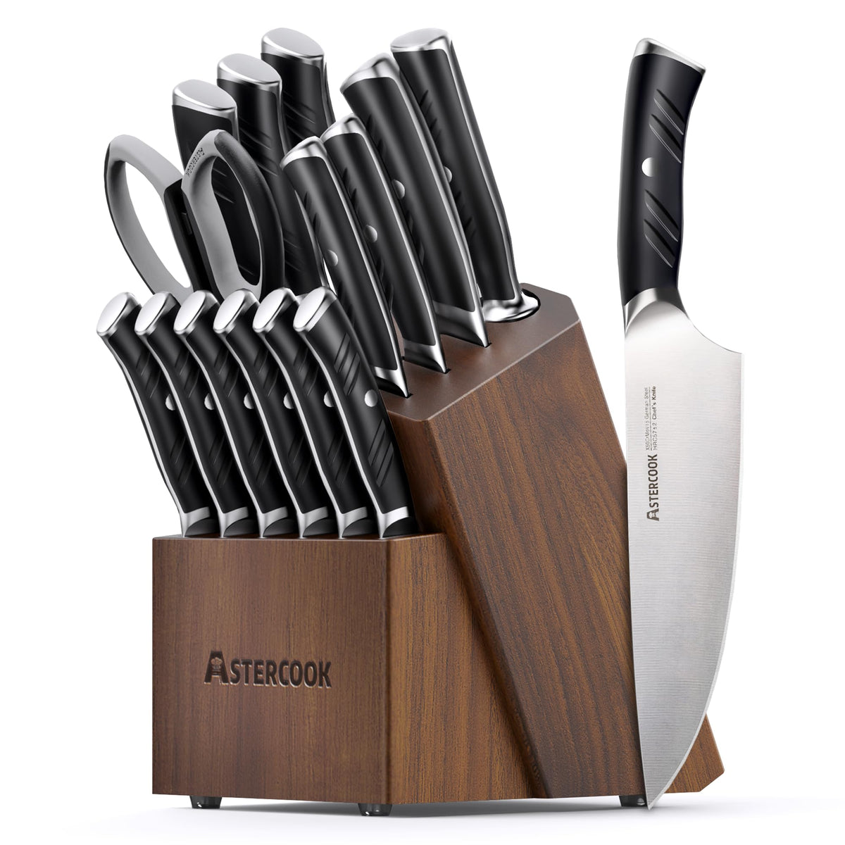 Astercook set de 15 piezas con bloque muestra organización y filo sostenido para cocinar