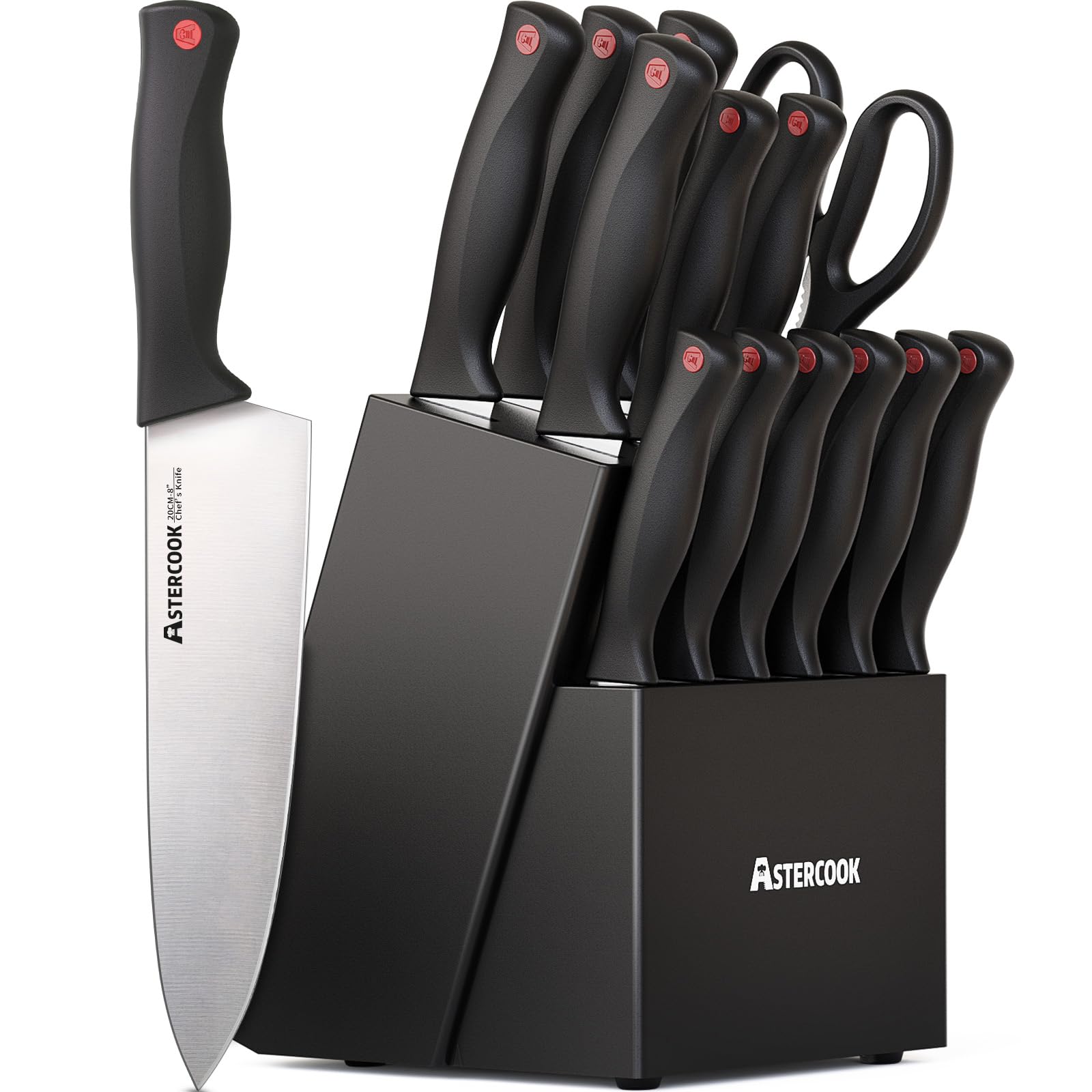 Astercook set de cuchillos 15 piezas con bloque negro, ideal para almacenamiento ordenado.