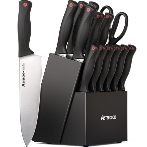 Astercook set de cuchillos 15 piezas con bloque negro, ideal para almacenamiento ordenado.