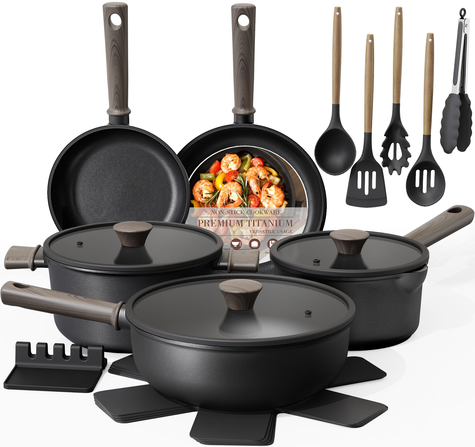 Astercook set de ollas y sartenes con titanio para cocinar sin pegar.