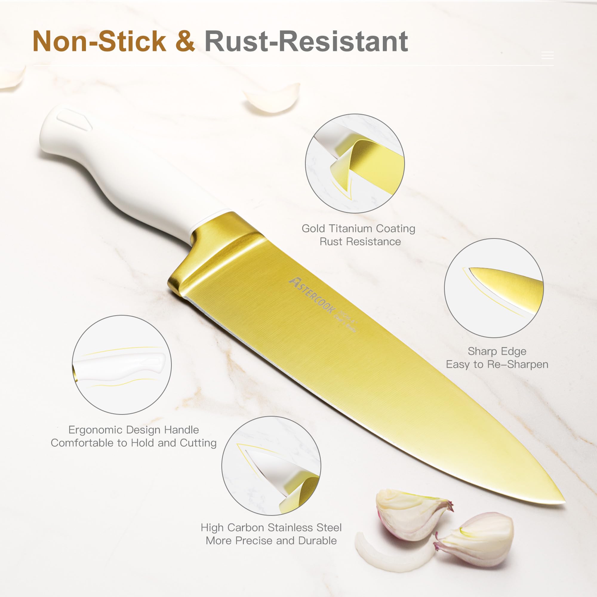 Tijeras de cocina Astercook con recubrimiento dorado para cortes multipropósito.