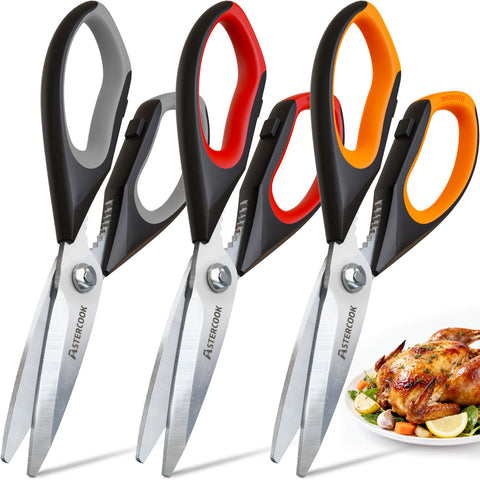 Tijeras de cocina Astercook en tres colores para diferenciar tareas en la cocina.