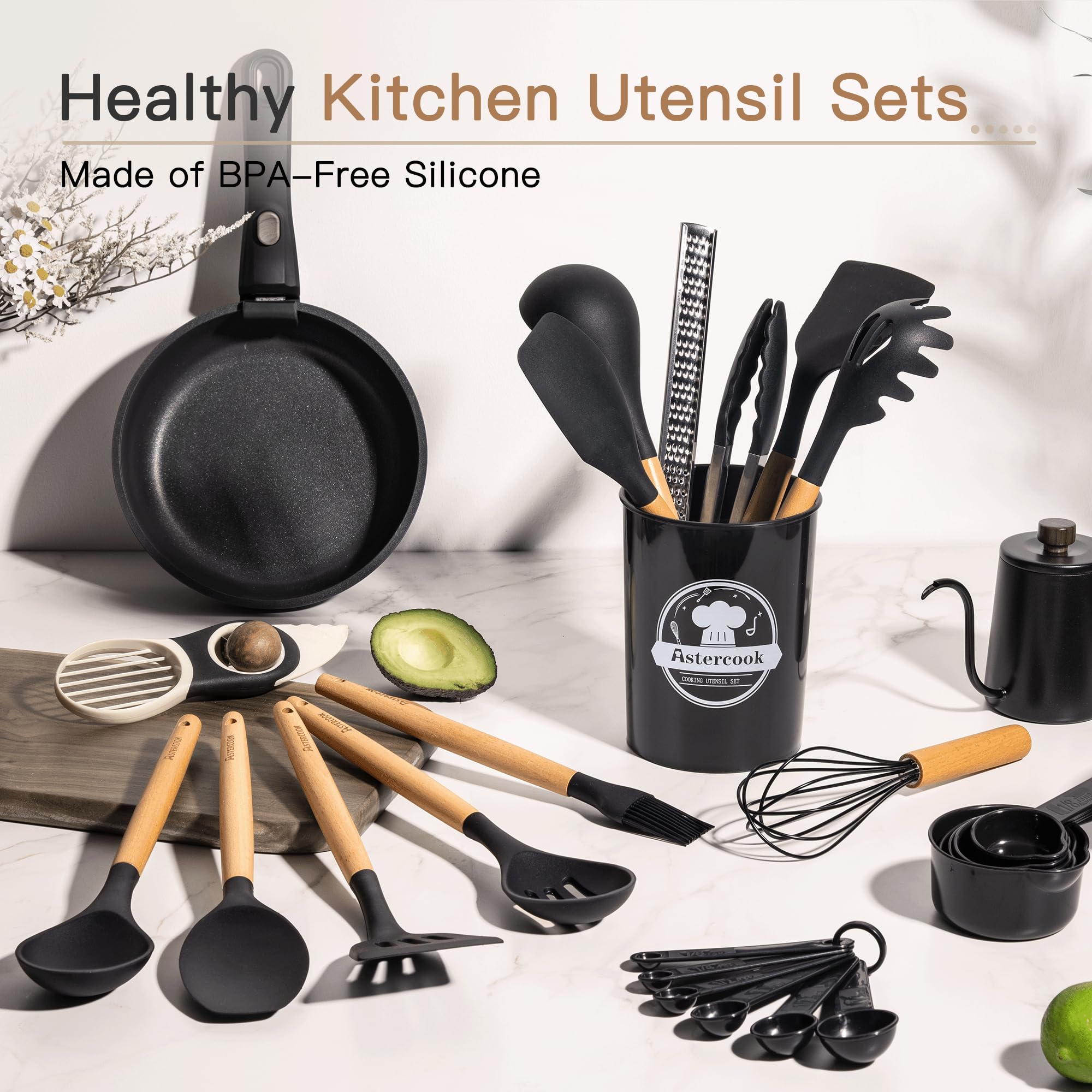 Astercook utensilios con mango de madera para un agarre cómodo.