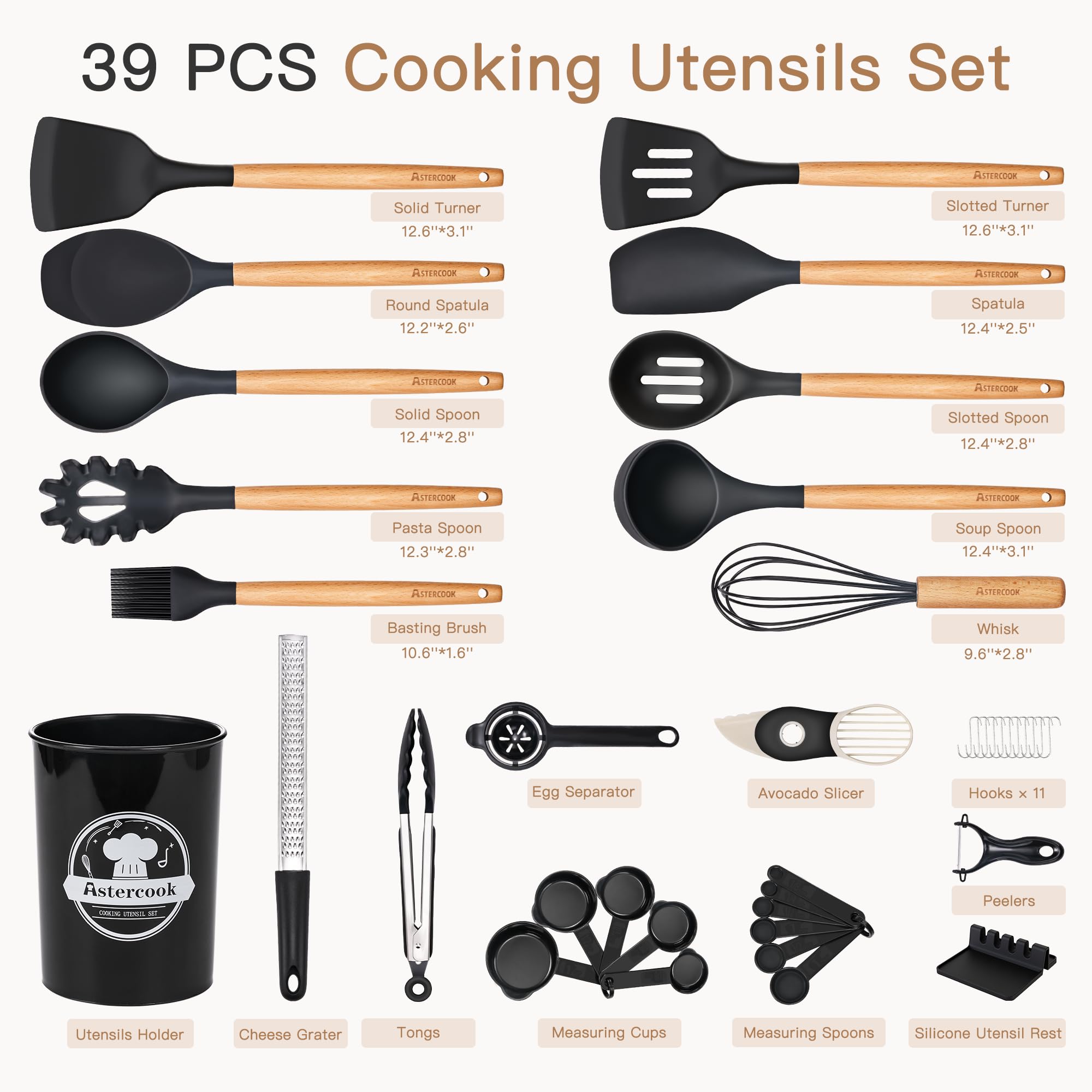 Astercook utensilios de silicona de alta resistencia para sartenes antiadherentes.