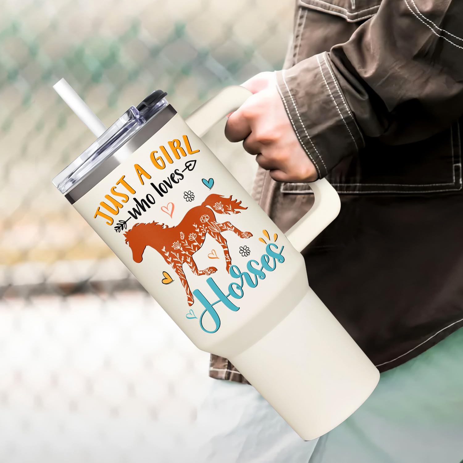 AT2Z GLOBAL regalo caballos para madres, vaso 40oz con asa.