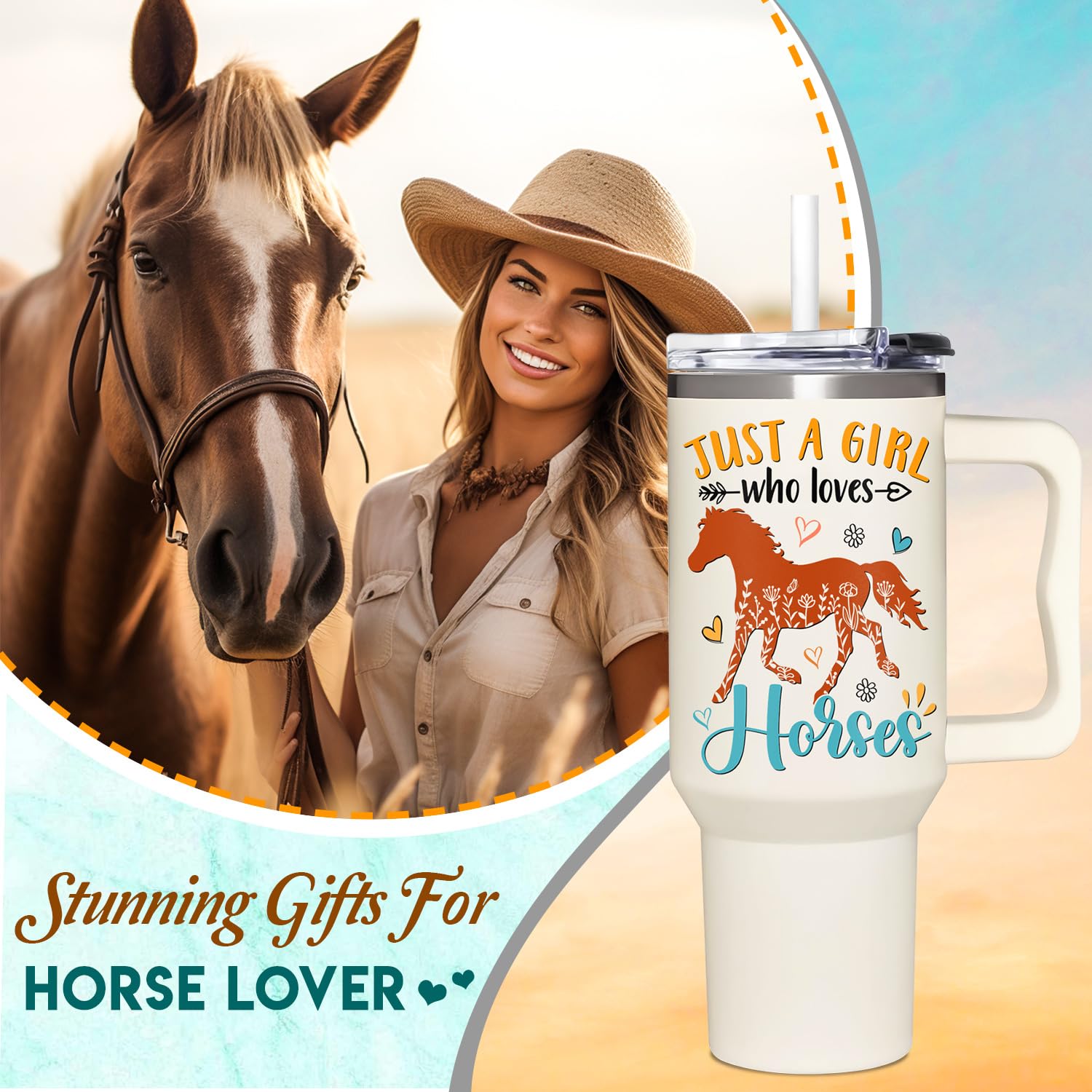 AT2Z GLOBAL vaso térmico de caballos para mujeres con asa, ideal para el día a día.