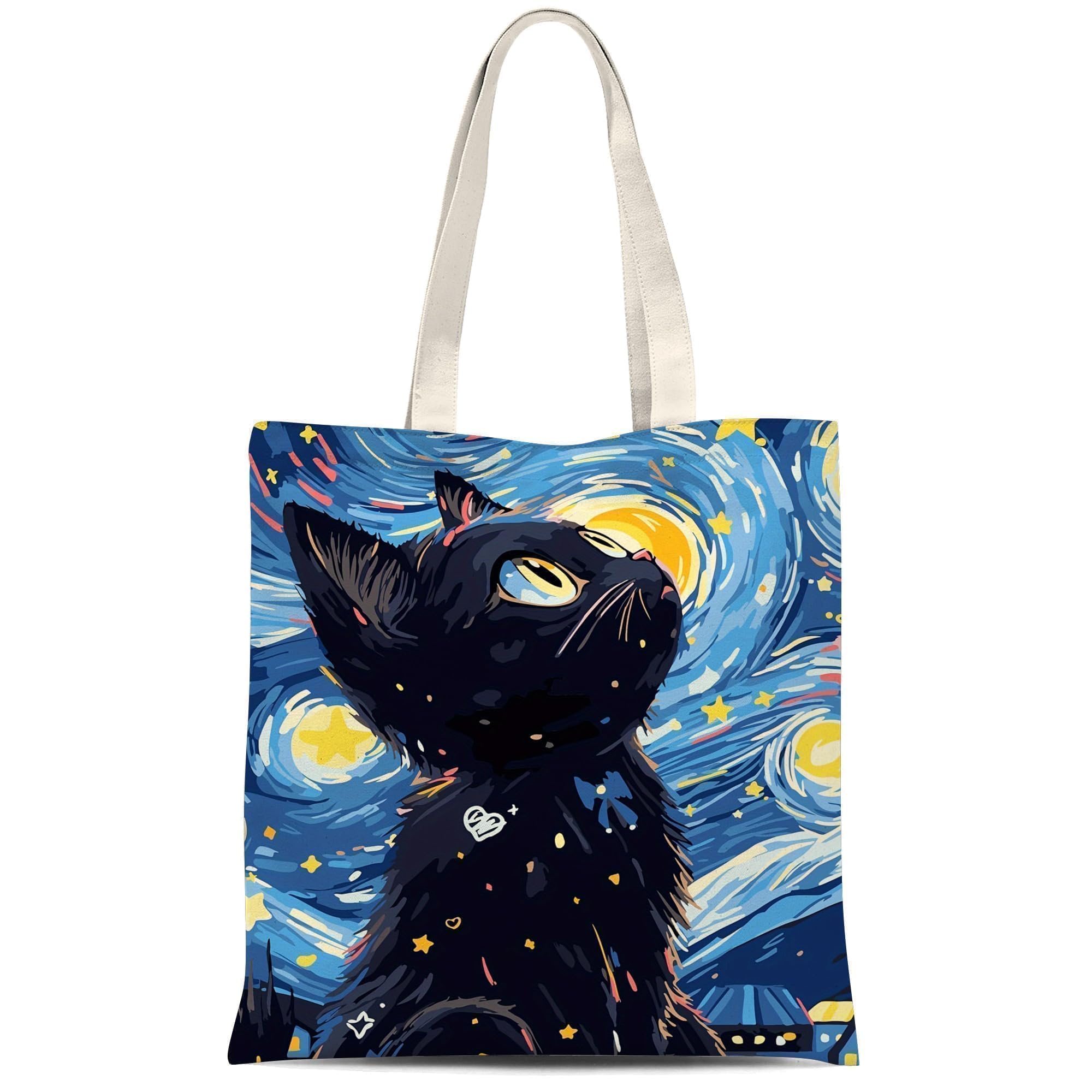ATHAND Starry Night: gato negro en tote para compras reutilizable