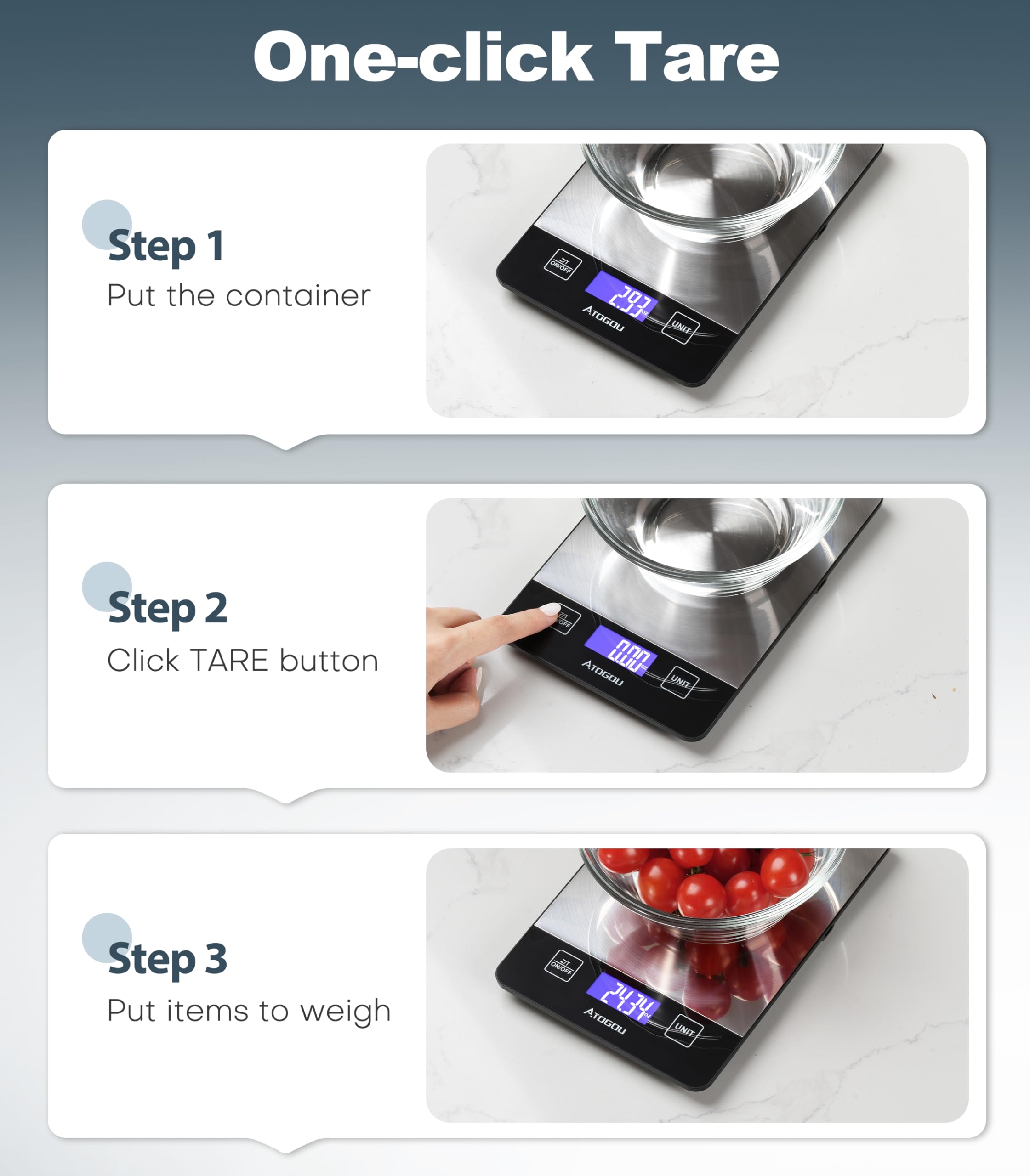 Atogou Food Scale diseño compacto para encimeras pequeñas.