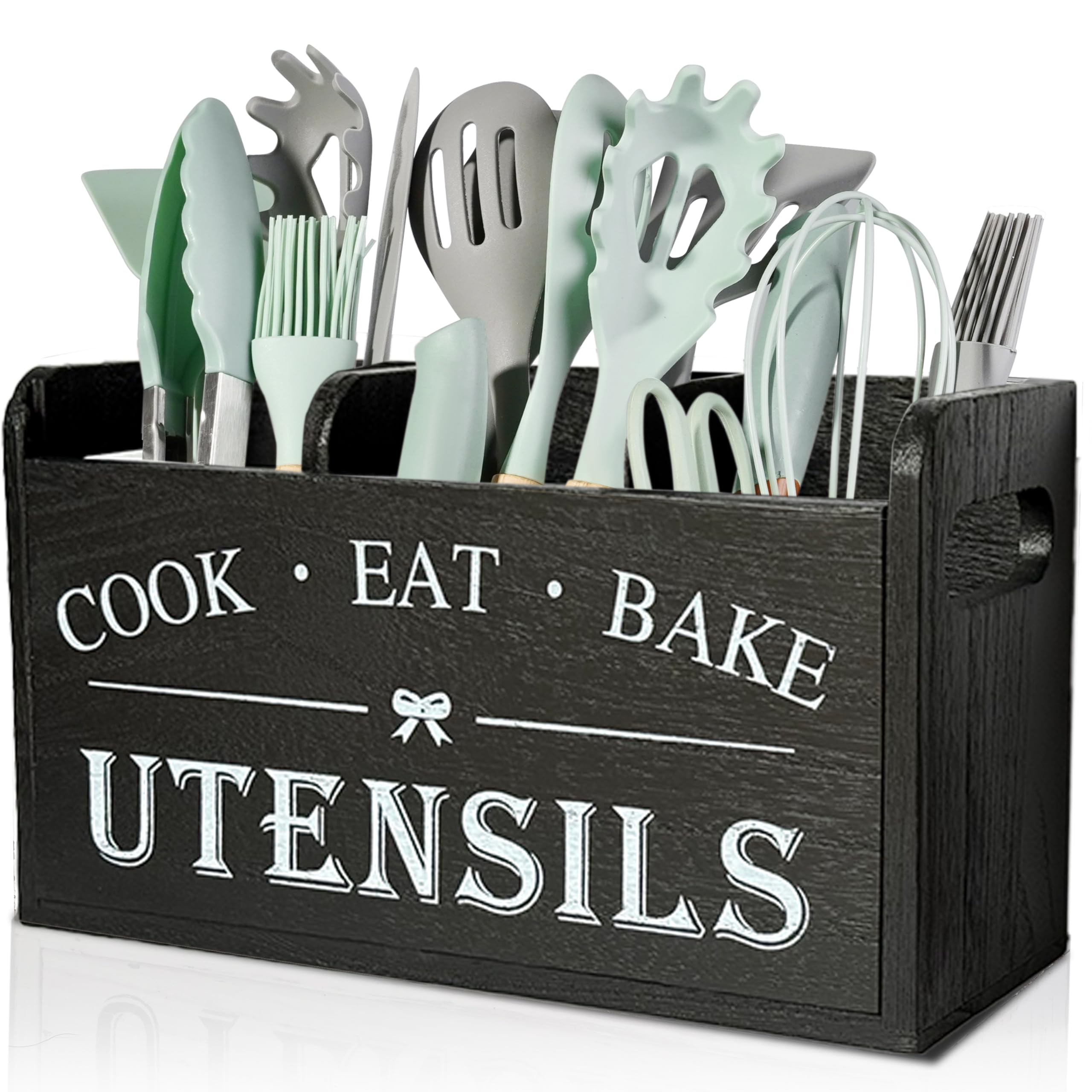 Atooge porta-utensilios de cocina en madera con 3 compartimentos negro, orden práctico.