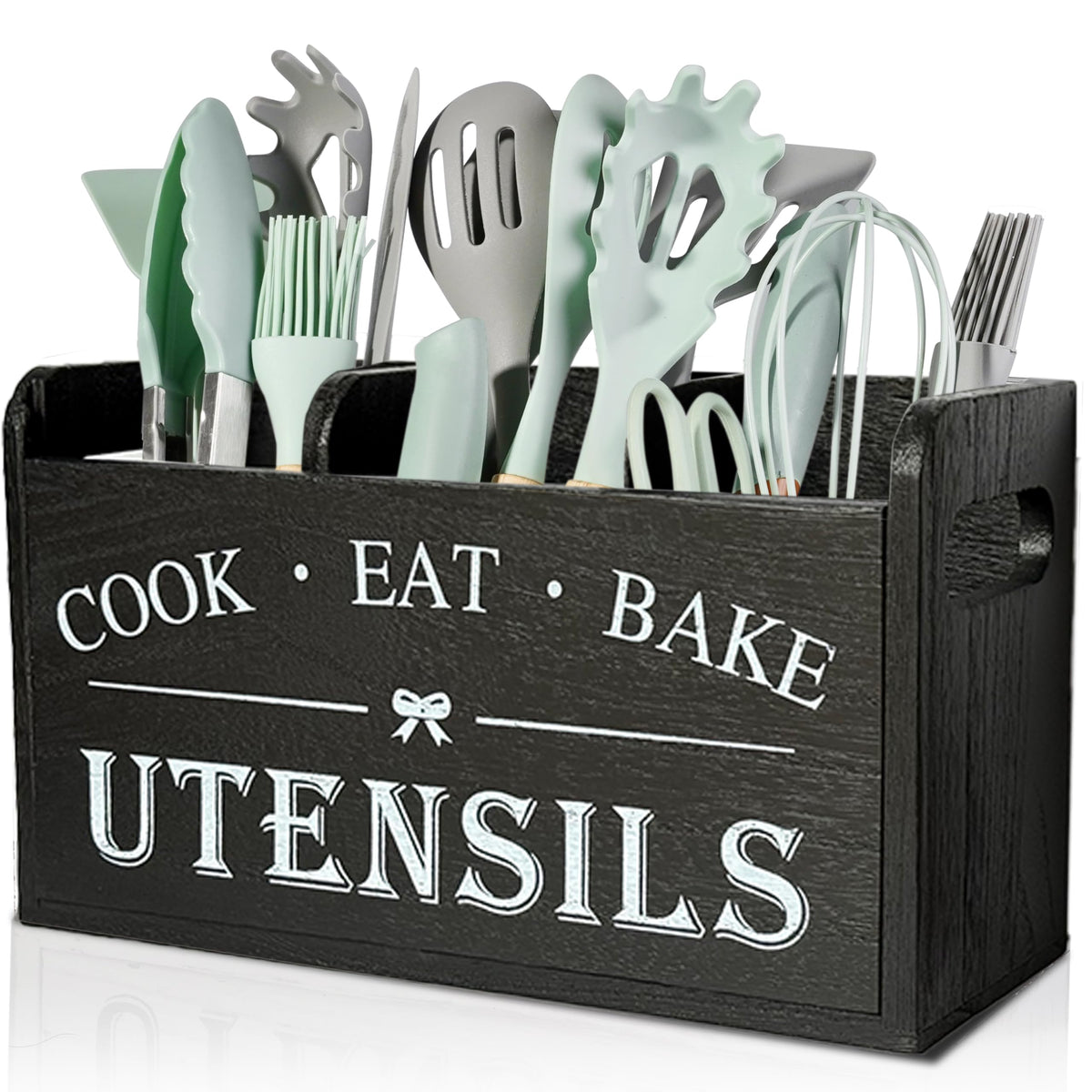 Atooge porta-utensilios de cocina en madera con 3 compartimentos negro, orden práctico.