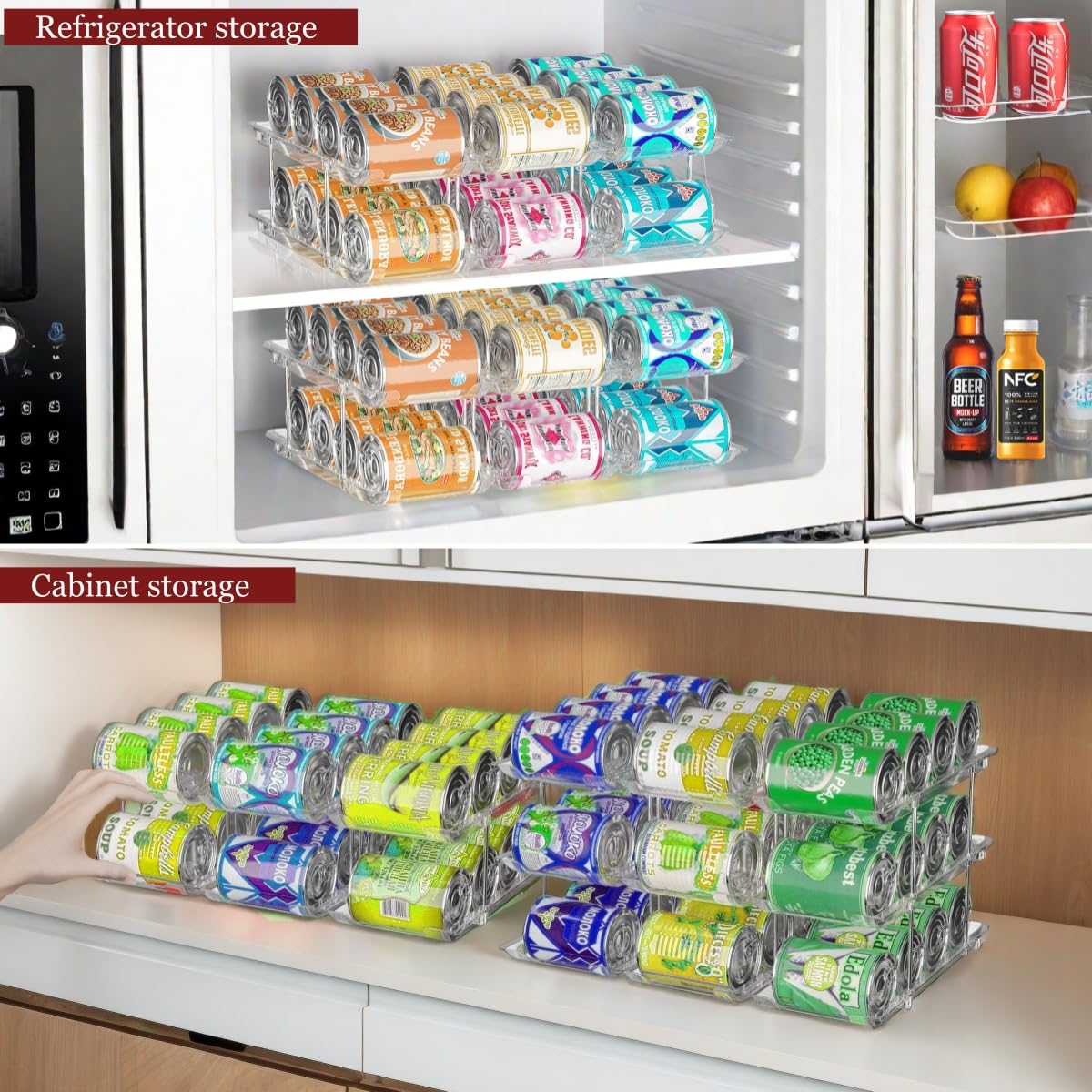 Cada nivel Attelite soporta hasta 36 latas, ideal para estanterías ordenadas.