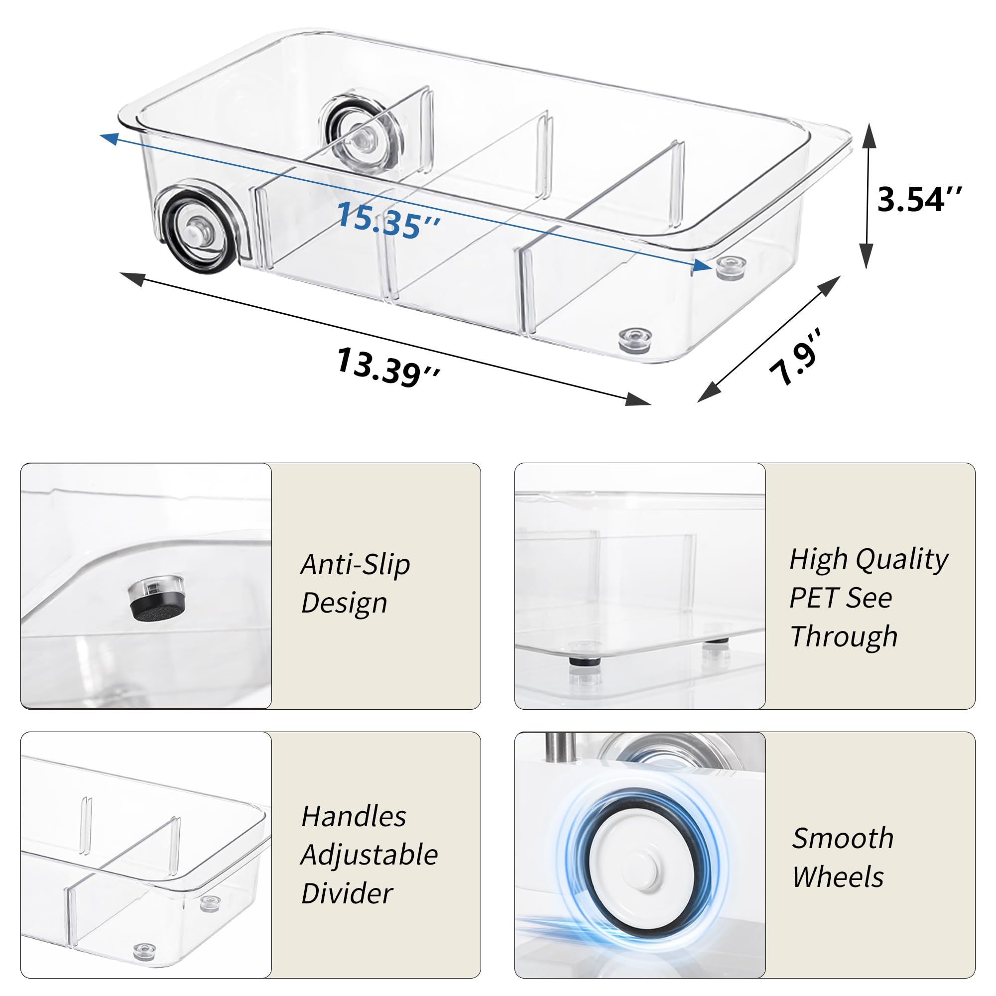Attelite organizador nevera transparente con divisores, ajustables para cada alimento.