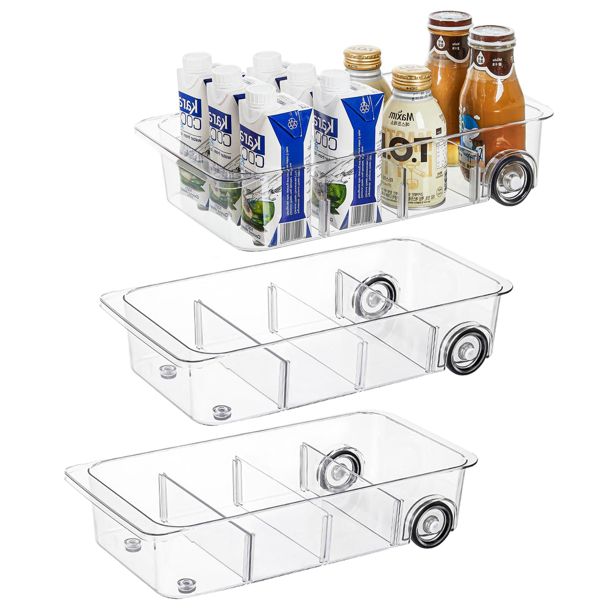 Attelite tres-pack organizador nevera ruedas, fácil de mover y ordenar alimentos.