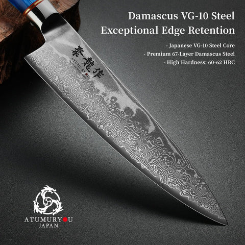 Atumuryou JPCK cuchillo damascus, filo afilado a mano, facilidad de corte en verduras.