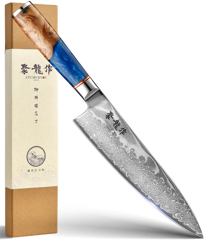 Atumuryou JPCK cuchillo chef japonés damascus 8 pulgadas, afilado duradero para cortes precisos.