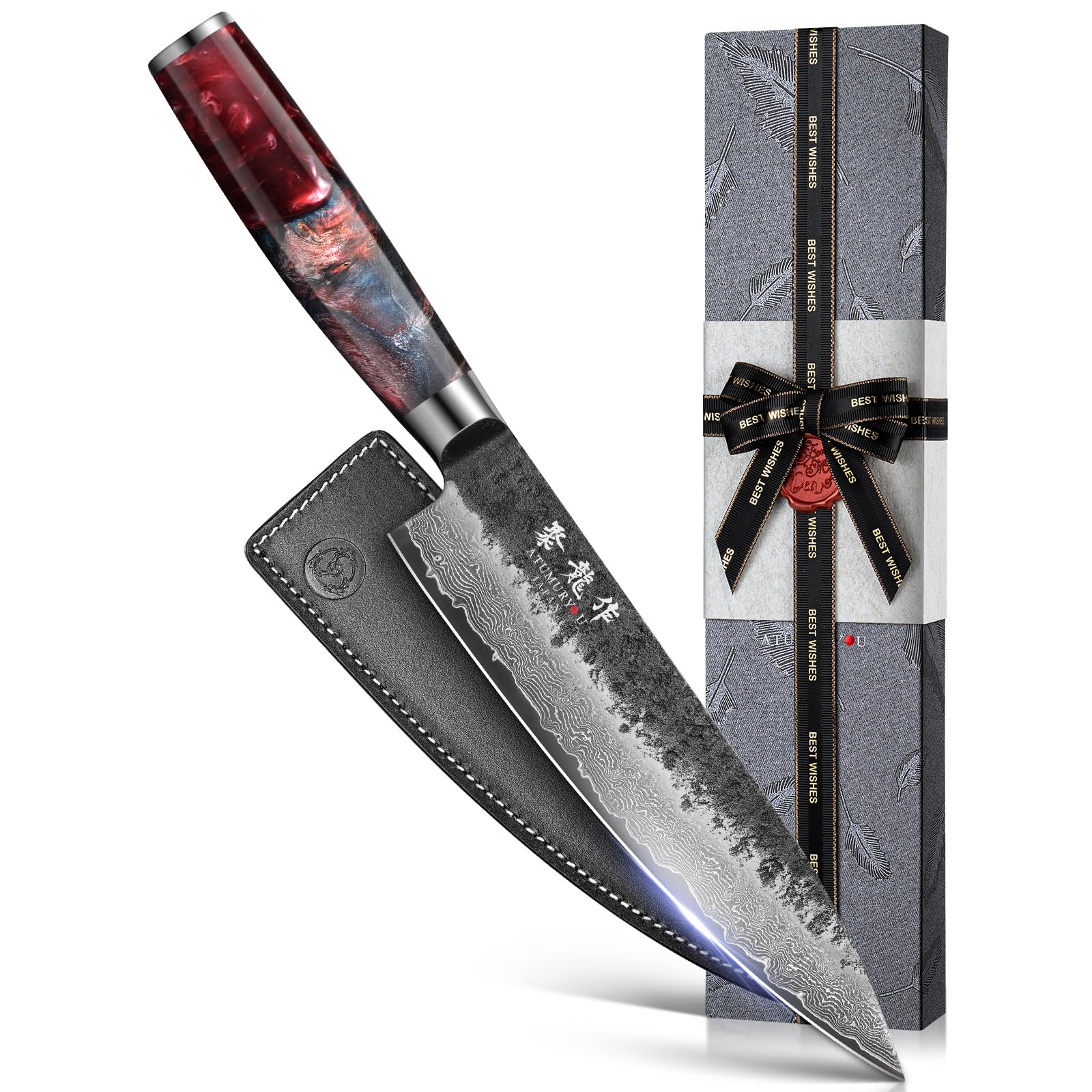 Navaja Atumuryou JPCK de 8 pulgadas, acero damasco VG10, filo afilado para cortes precisos.