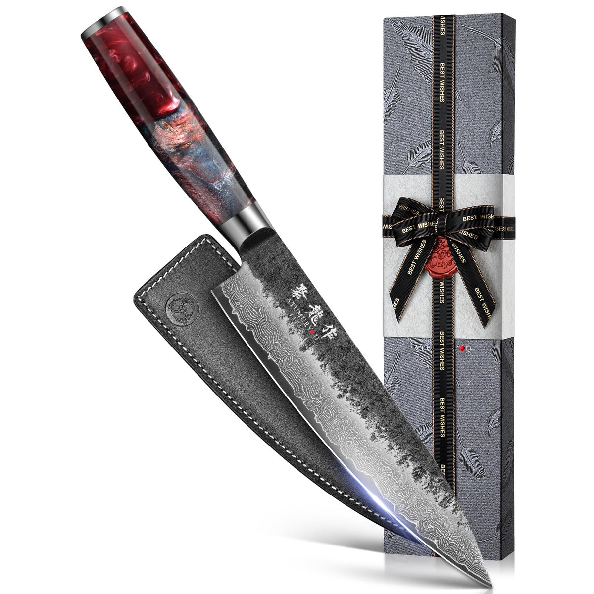 Navaja Atumuryou JPCK de 8 pulgadas, acero damasco VG10, filo afilado para cortes precisos.