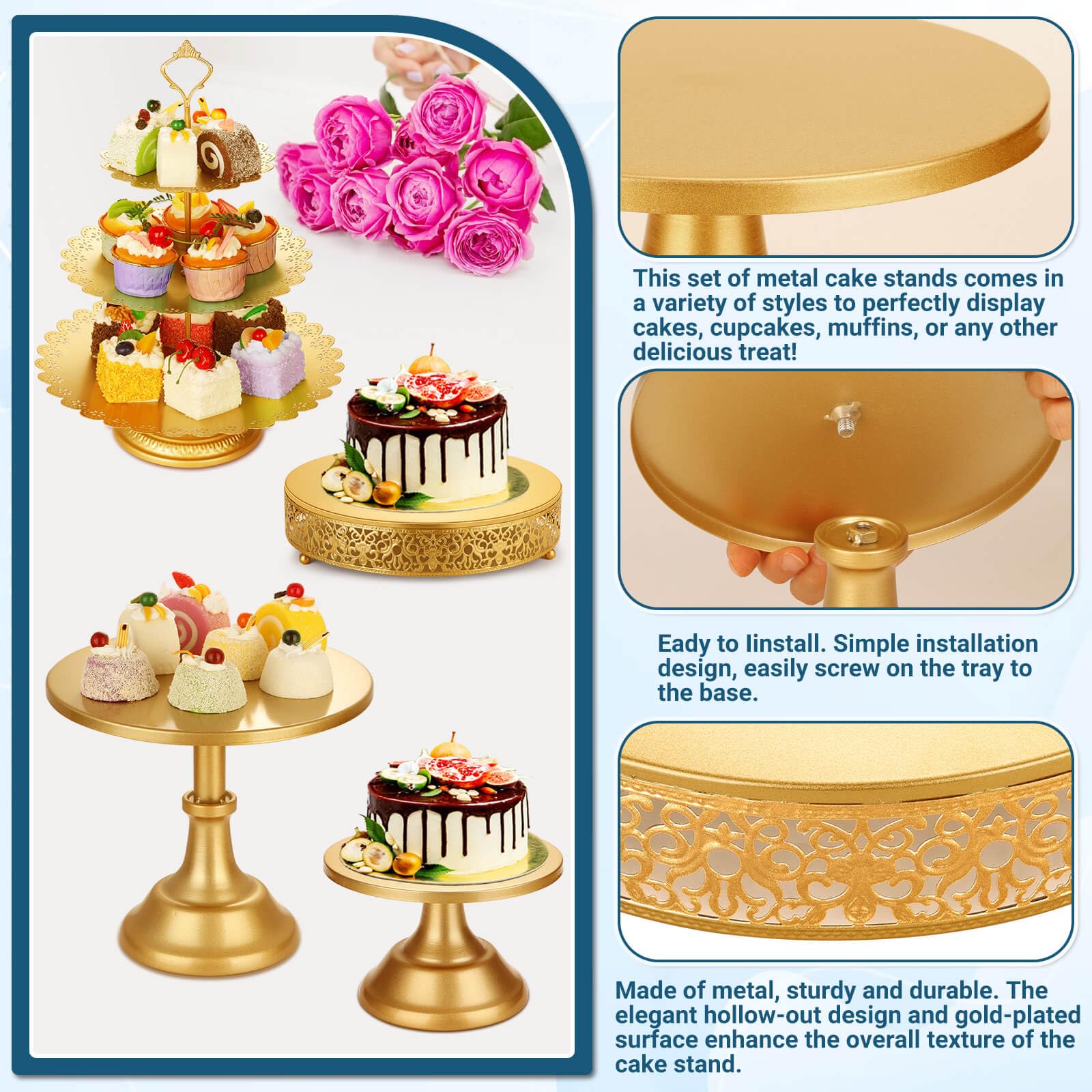 Audab torres de cupcakes de 3 niveles en acabado dorado