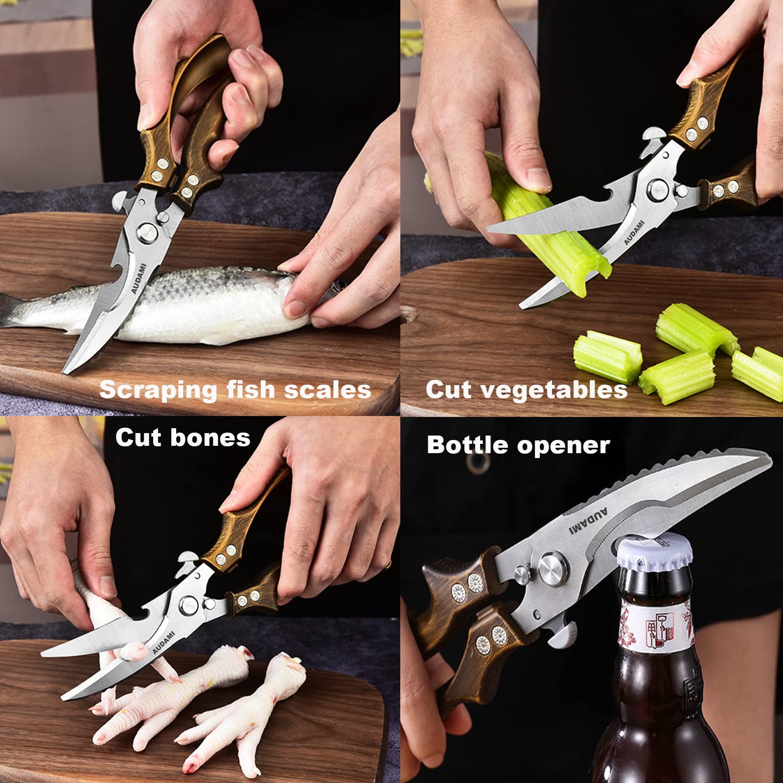 AUDAMI tijeras con abrebotellas integrado para uso práctico.