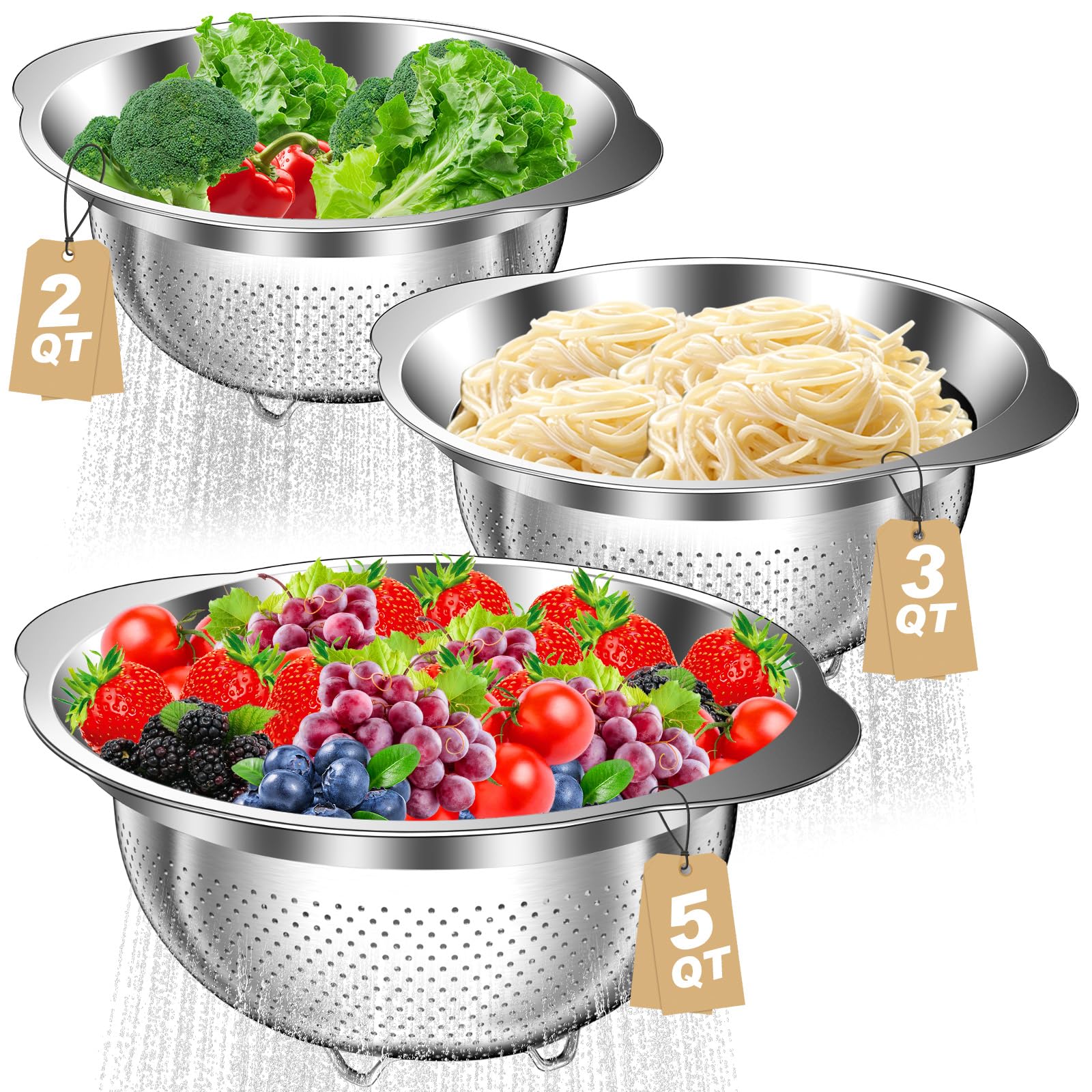 AUFETQ colador de acero inoxidable 1qt, enfoque compacto para escurrir pasta rápida y lavar verduras.