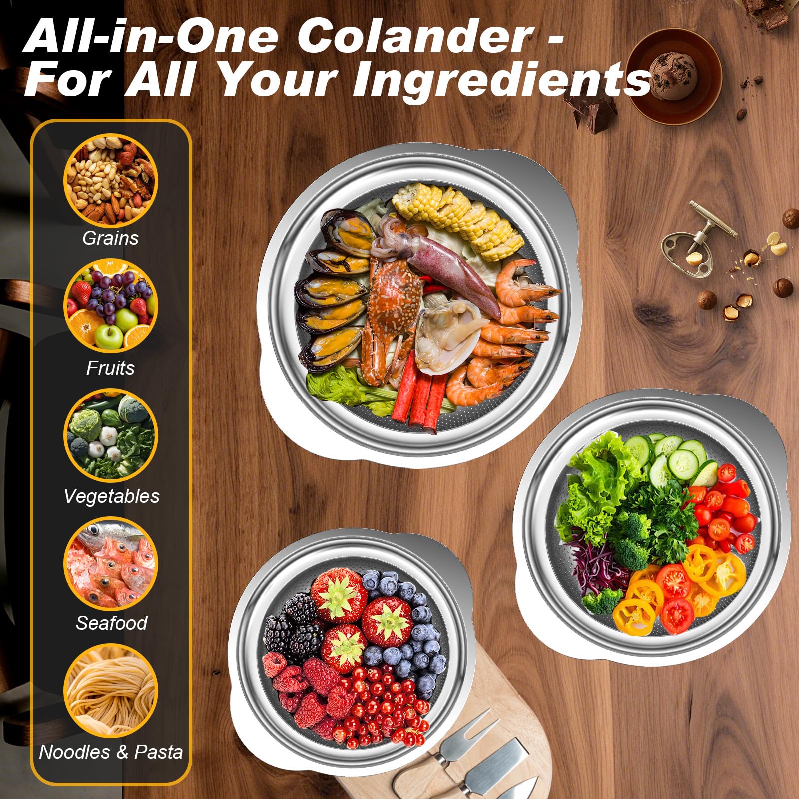 AUFETQ colador 5qt, gran capacidad para verduras y frutas frescas sin goteo.