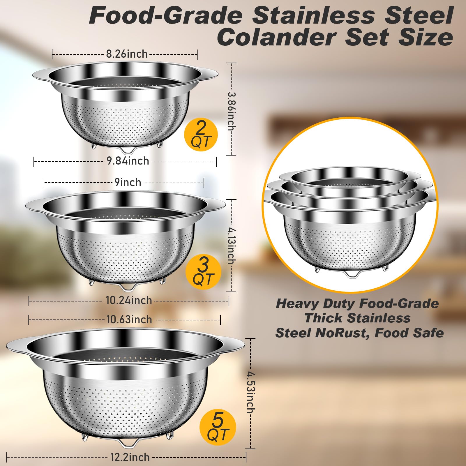 AUFETQ colador apilable, ahorro de espacio en la cocina y almacenamiento sencillo.