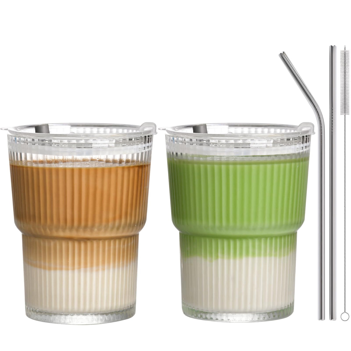 AUFXKOO vasos vidrio estriado 13oz para café frío y bebidas para llevar.