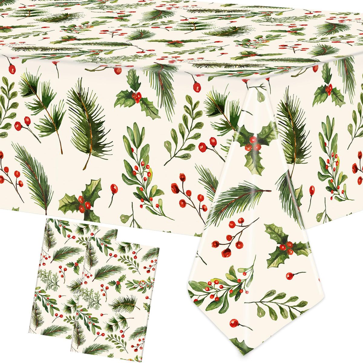 Mantel Augisteen para Navidad, plástico con acebo y bayas, ideal para comidas.