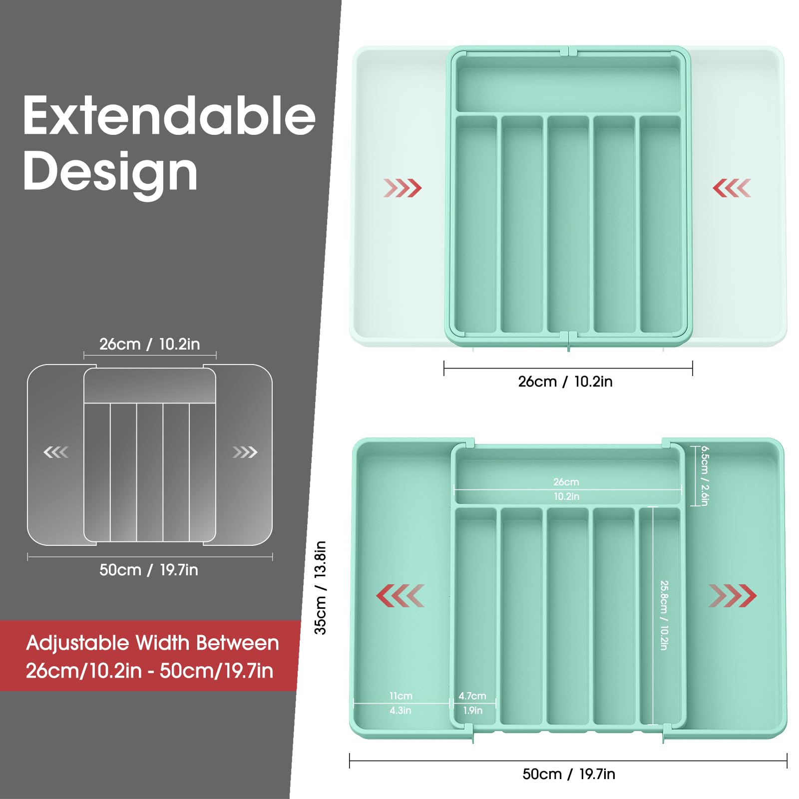 Organizador Aujen para utensilios con secciones extendibles, ideal para utensilios grandes como espátulas y pinzas.