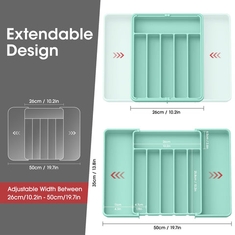Organizador Aujen para utensilios con secciones extendibles, ideal para utensilios grandes como espátulas y pinzas.