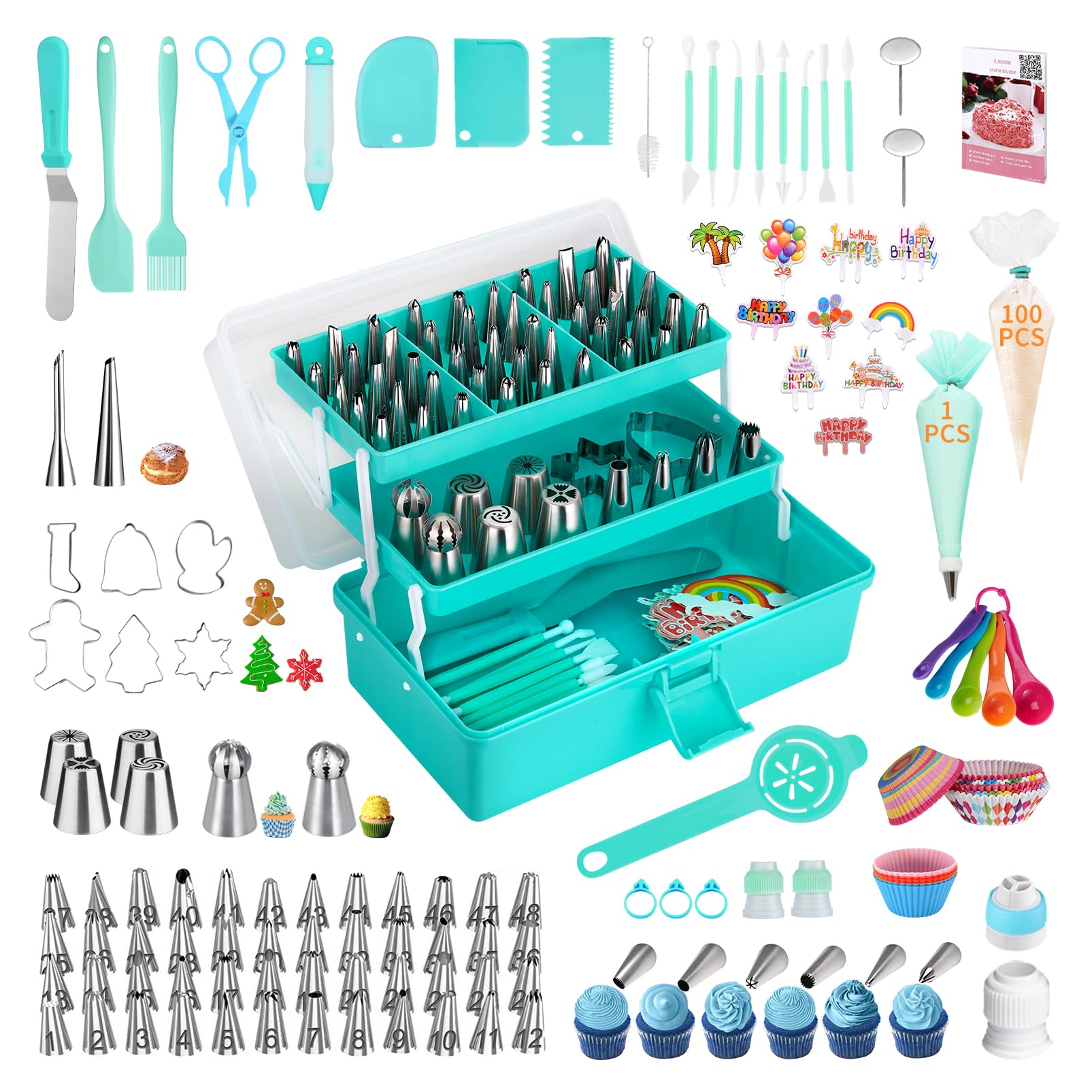 AUKOW kit de decoracion de pasteles con estuche menta para organizar utensilios