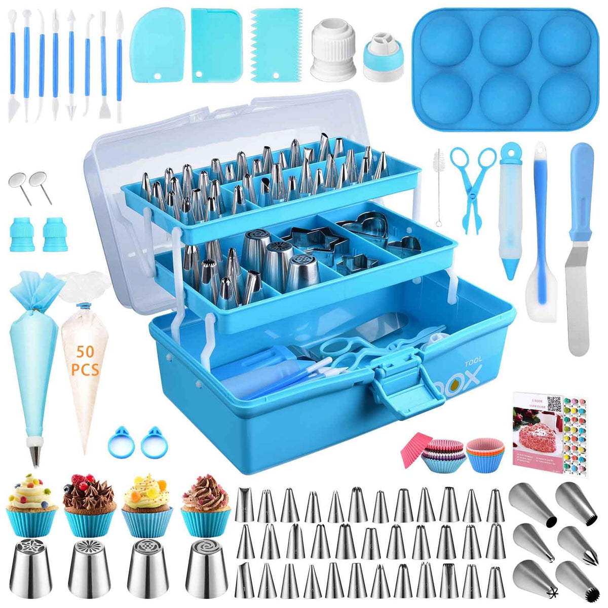 AUKOW estuche azul para herramientas de repostería, almacenamiento organizado.