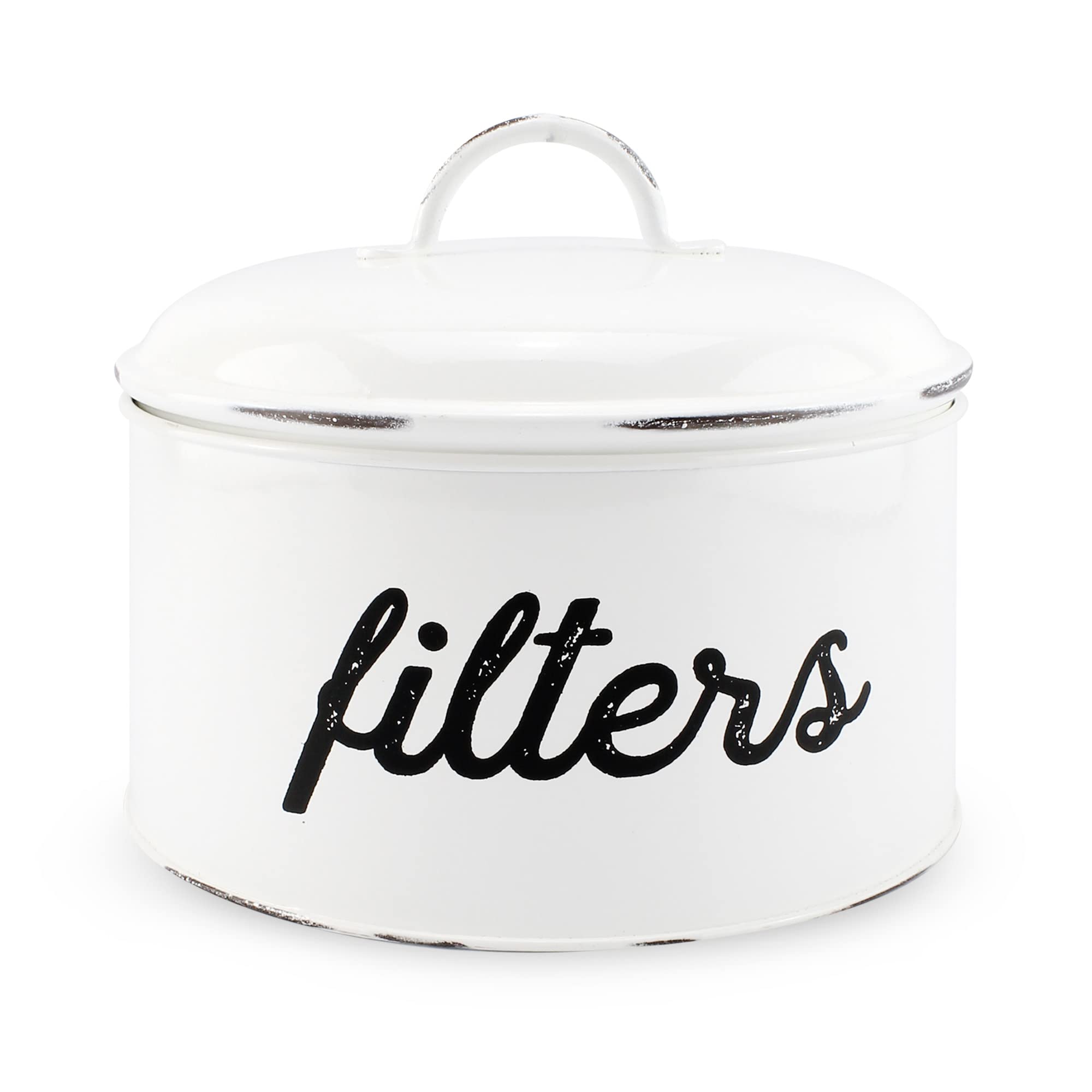 Bote de filtros AuldHome en esmalte blanco para mostrador ordenado.