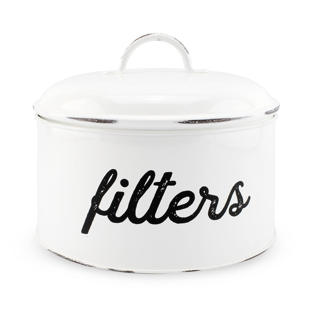 Bote de filtros AuldHome en esmalte blanco para mostrador ordenado.