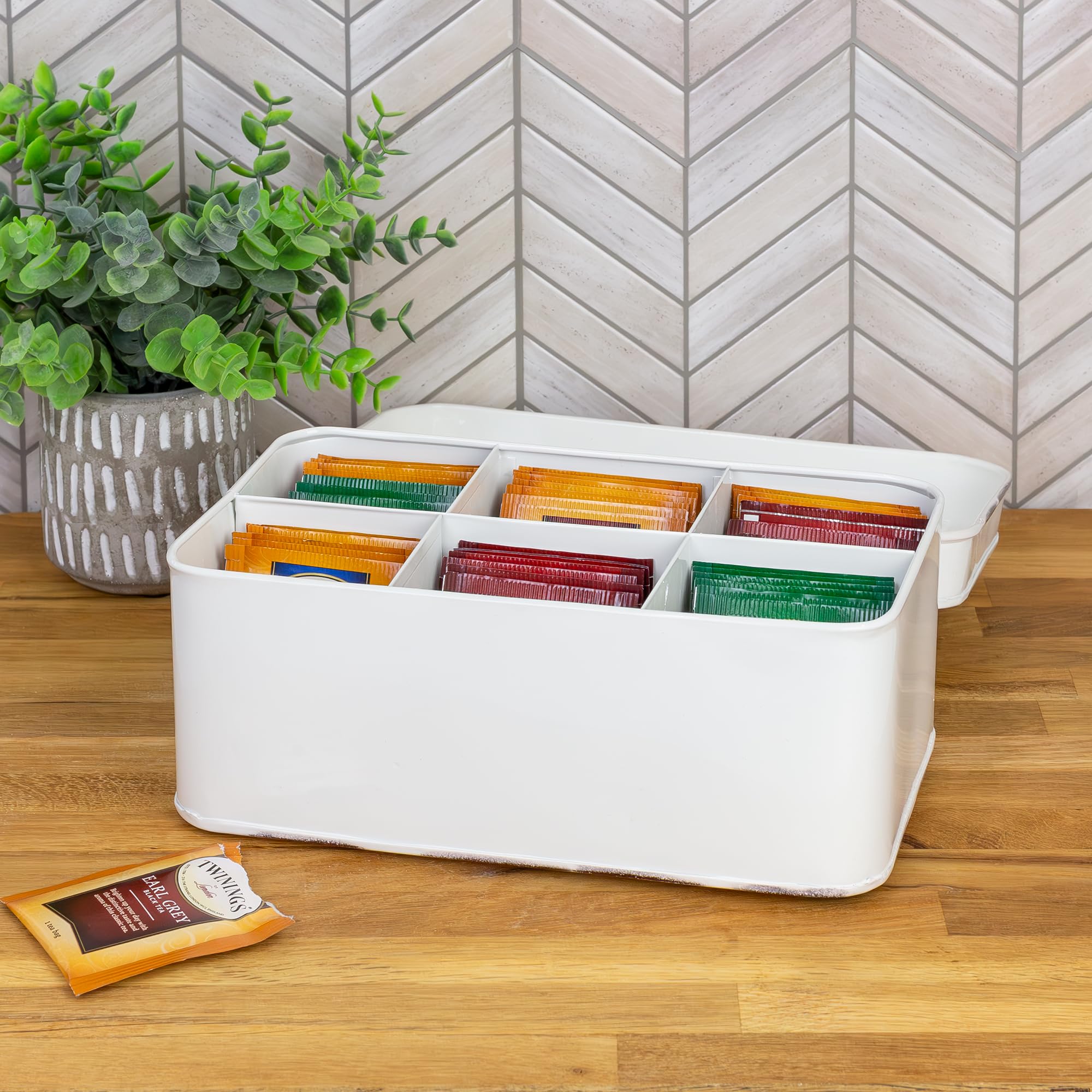 Caja AuldHome Design Farmhouse White, compartimentos internos para 15 bolsitas ordenadas