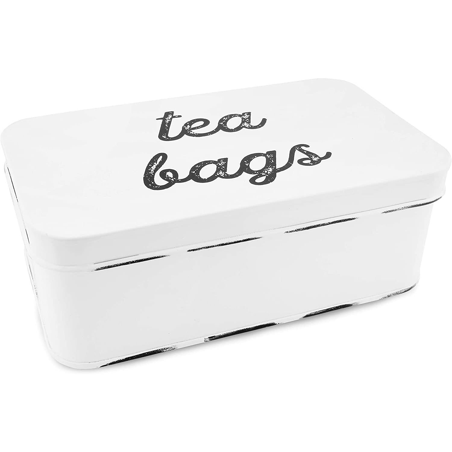 Caja de té AuldHome Design White, vista frontal para organización elegante de bolsas de té