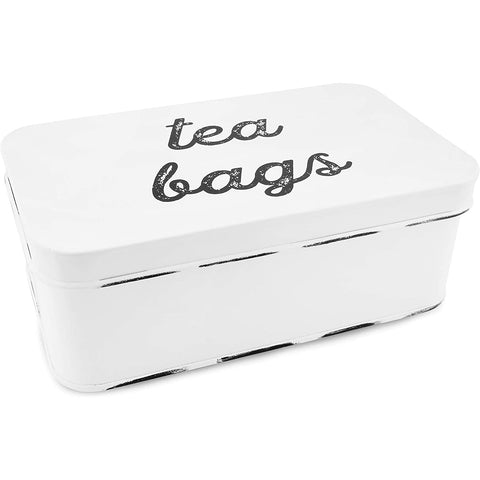 Caja de té AuldHome Design White, vista frontal para organización elegante de bolsas de té