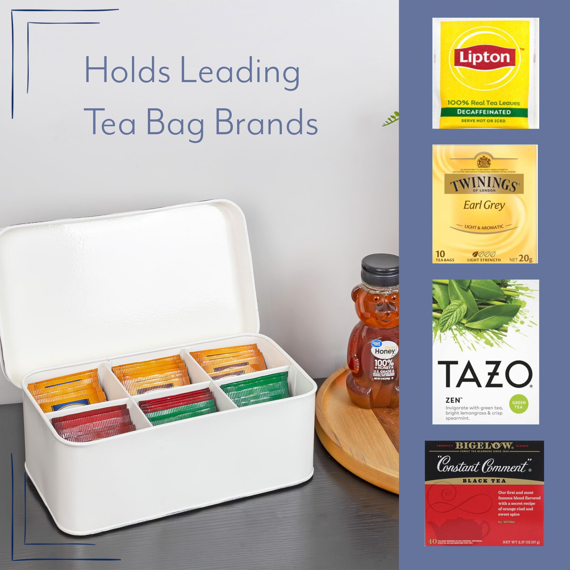 AuldHome Design Tea Box White, interior libre de plomo para almacenamiento de alimentos
