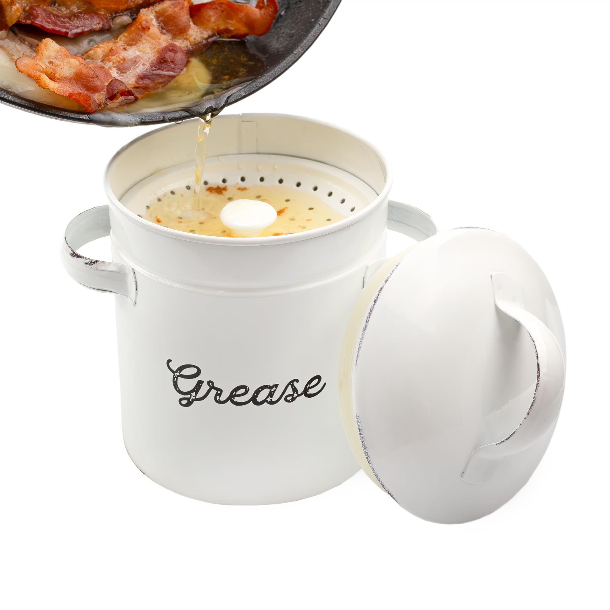 Contenedor de grasa AuldHome Design con colador esmaltado para filtrar y almacenar grasa