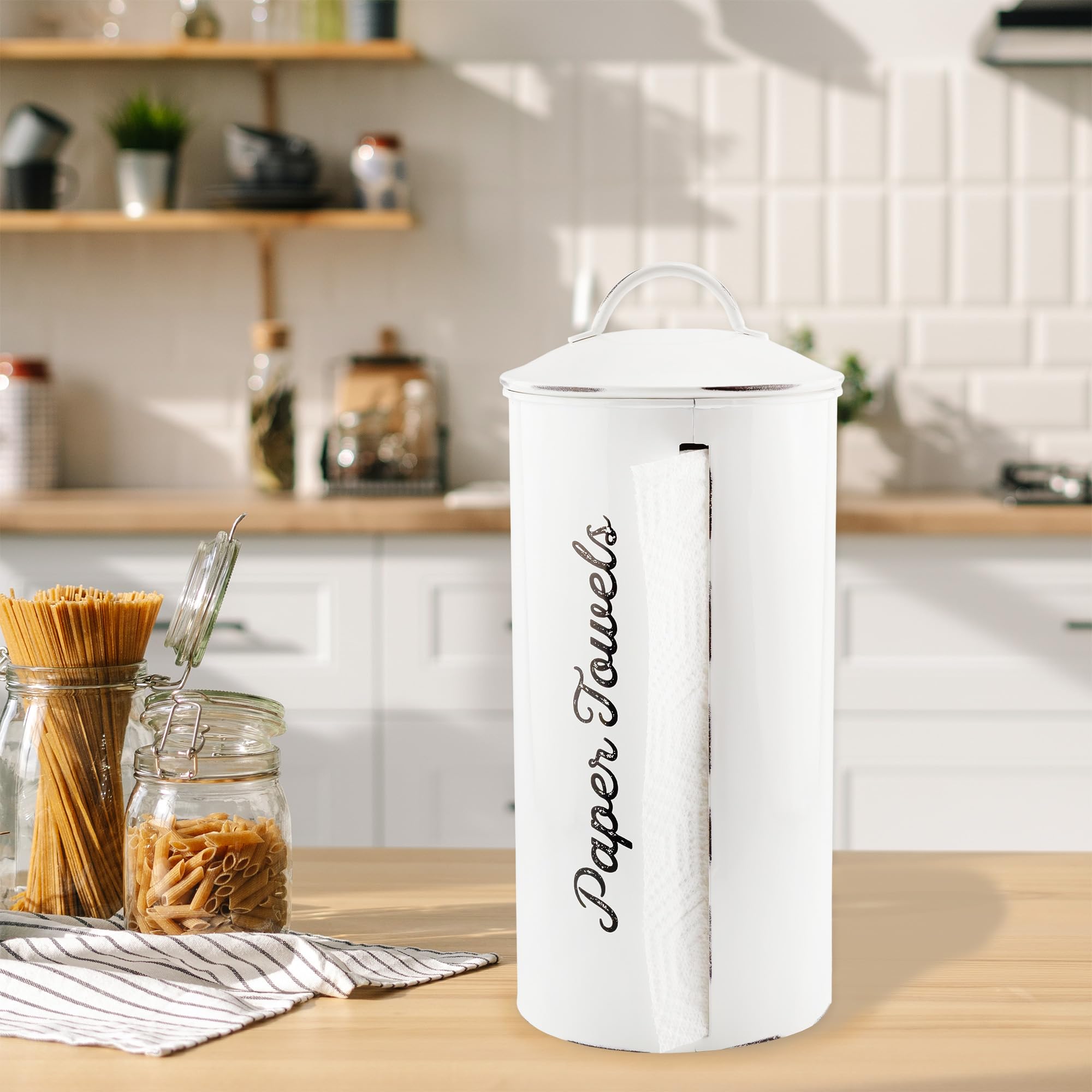 AuldHome Design Porta-papel toallas, acabado blanco envejecido, encaja en cocinas de estilo granero.