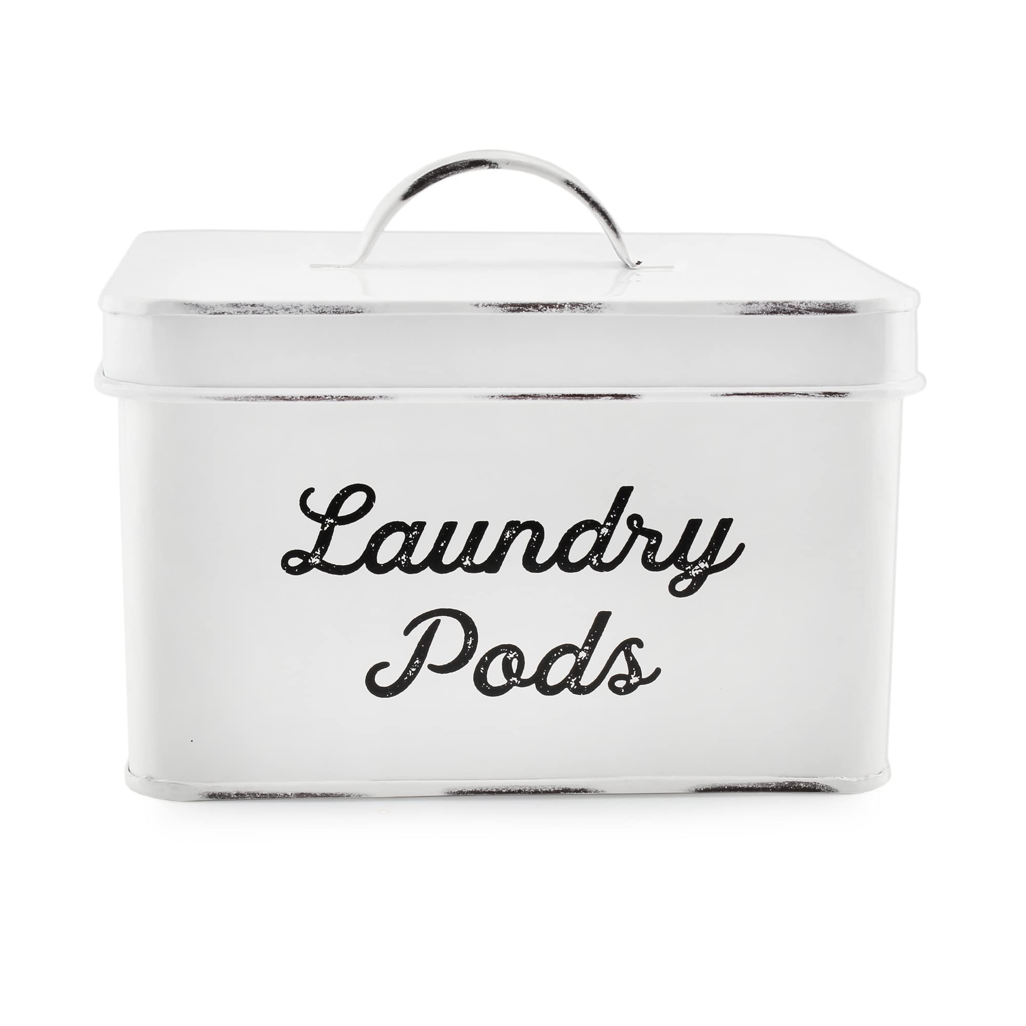 AuldHome Design portacapsulas lavanderia esmaltado blanco rustico, ideal para ordenar capsulas de detergente