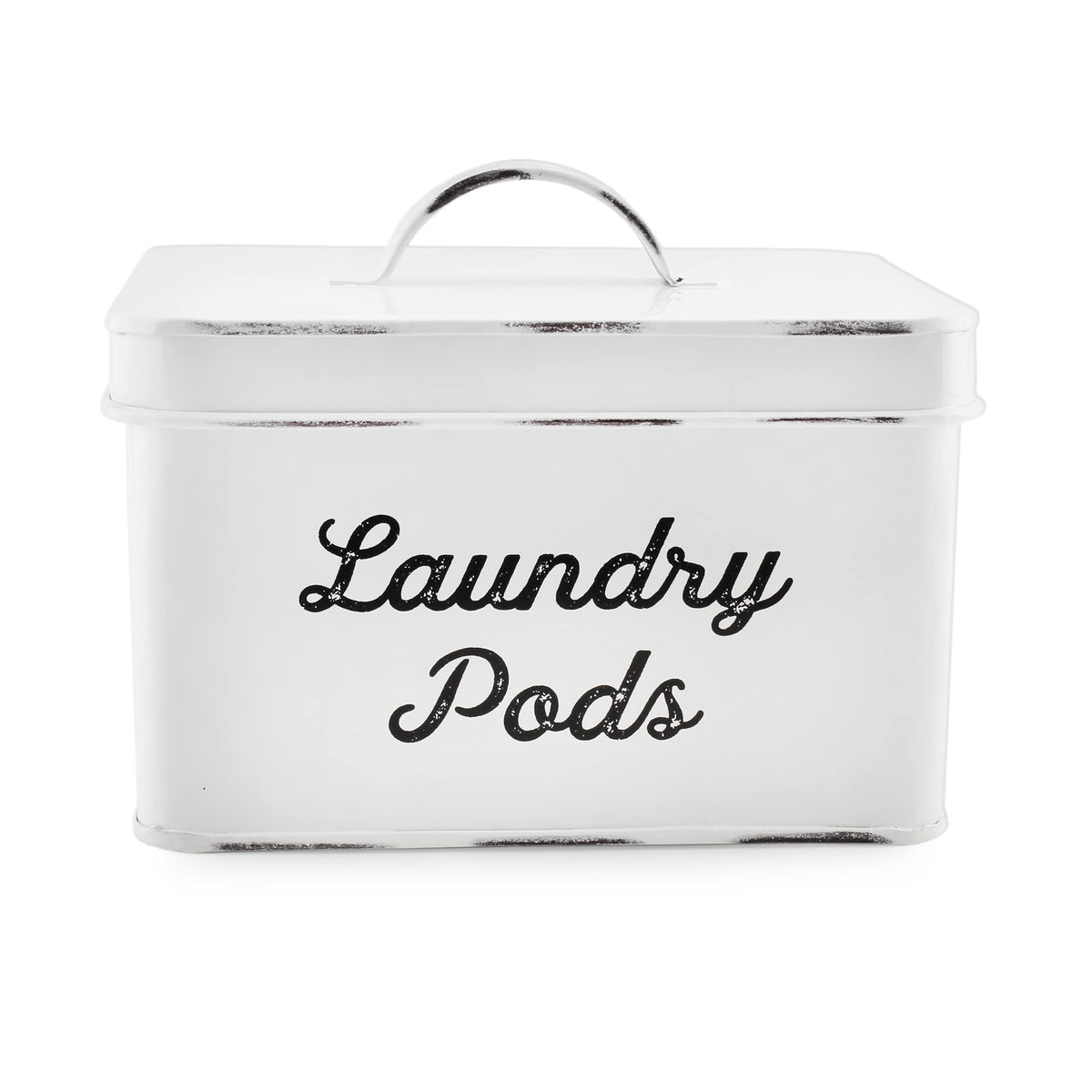 AuldHome Design portacapsulas lavanderia esmaltado blanco rustico, ideal para ordenar capsulas de detergente